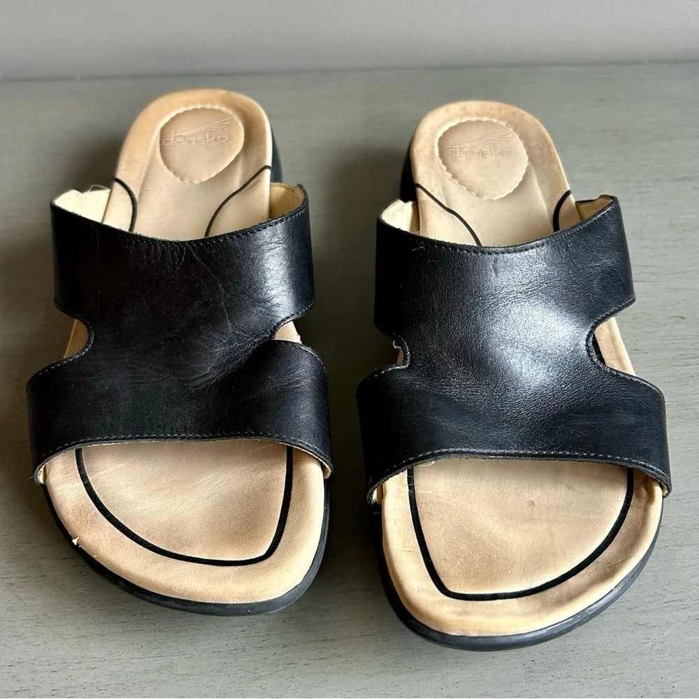 Dankso Women Leather Sandals Slide EU 38 US 7.5/8 Black Slip On Open Toe Strappy